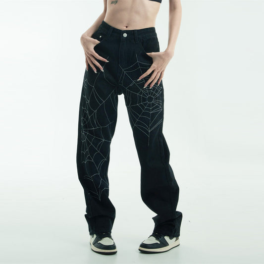 Webbed Edge – Black Denim with Spider Stitch Detail Spider Web Straight Jeans For Men And Women