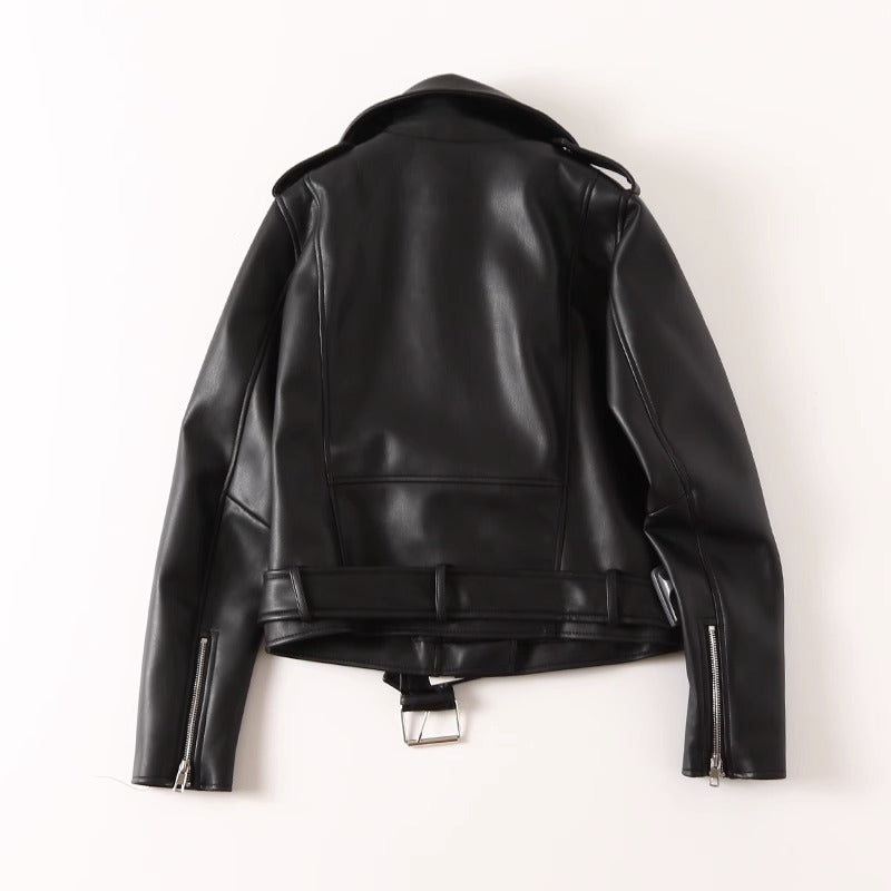 Black PU Leather Zip Jacket For Women's