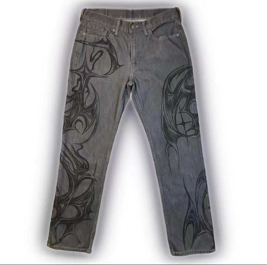 Tribal Flame Graffiti Jeans – Bold Streetwear for Alternative Style Black Jeans That Don't Fade American Street Graffiti Style For Men And Women