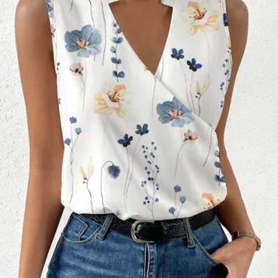 Black V-Neck Sleeveless Blouse Women's Fashion Casual Top Vest