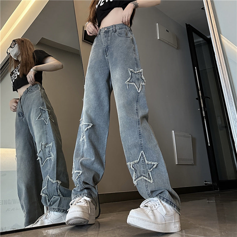 Distressed Star Patch Jeans – Urban Grunge Denim Statement Blue XINGX Embroidered Jeans Women Loose Straight-leg Wide-leg Pants