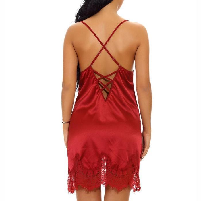 Silky Satin Lingerie Dress with Eyelash Lace Sexy Criss Cross Back Long Dresses Baby dolls