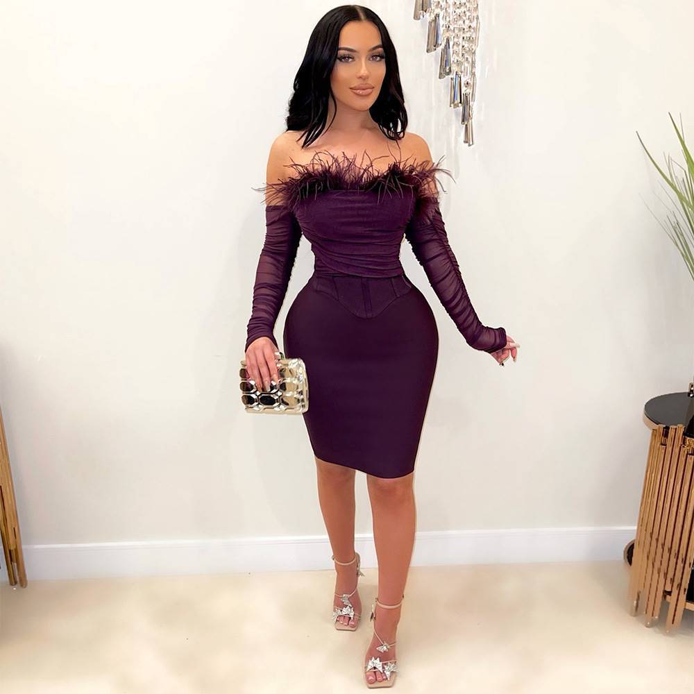 Mid-length Knitted Feather Short Bodycon Dress