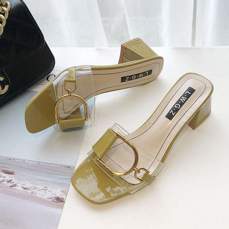 Gloss Buckle Block Heels – Polished & Poised Thick Heel High Heel Slippers Women Flip Flops Women Transparent Slippers