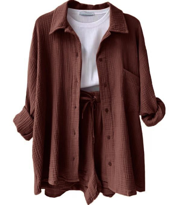 Wrinkled Fabric Lapel Long Sleeved Shirt Shorts Fashion Casual Set
