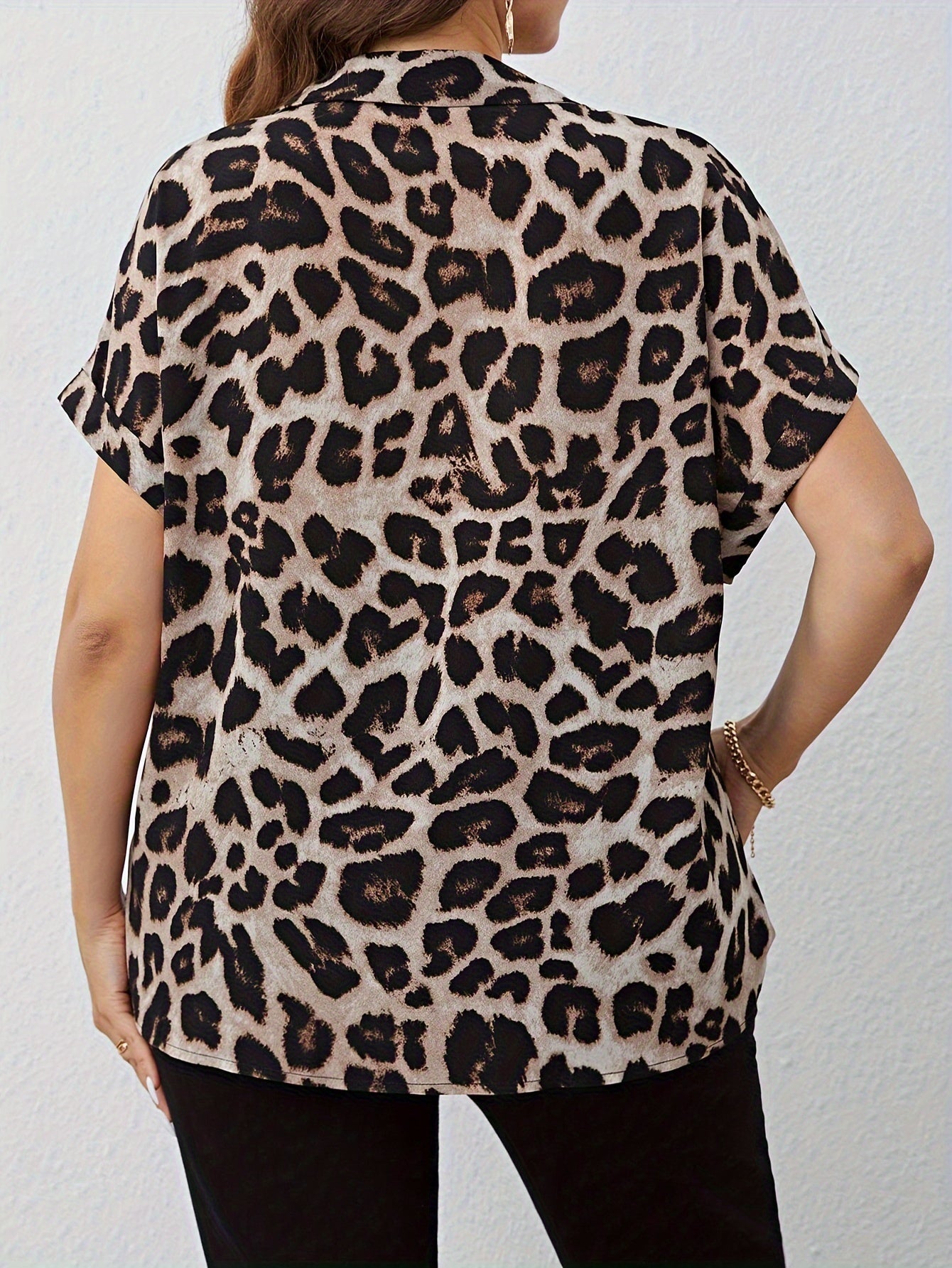 Fashion Plus Size Leopard Print Top - Stylish Buttoned Flat Batwing Sleeve & Fashion Collar Blouse For Women's