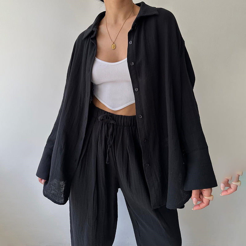 Solid Color Lapel Collar Long Sleeve Shirt & High-Waist Pants Set - Casual Loose Fit Outfit