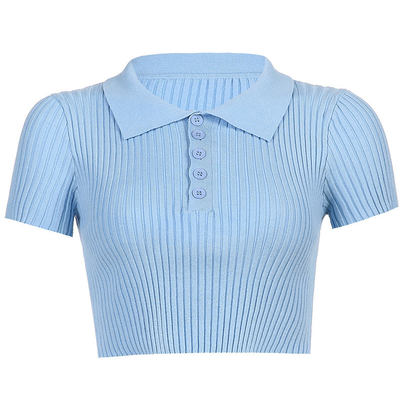 Summer Knit Polo Blouse - Short Sleeve Collared Top Korean Style Lapel Slim Slimming Cropped Top