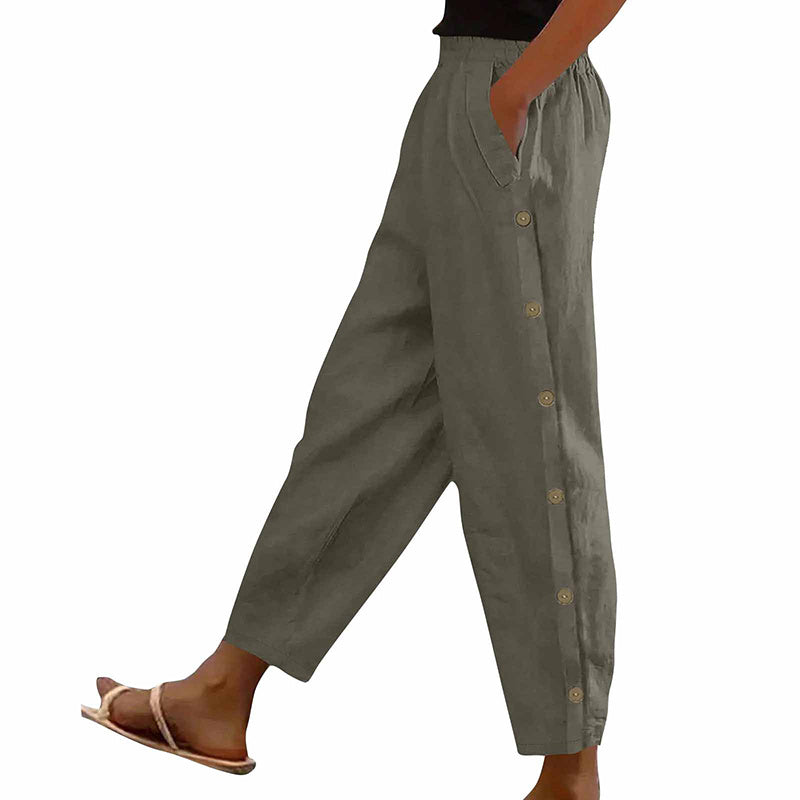 Casual Pants Elastic Waist Side Button Loose Fit Trousers With Pockets Women's