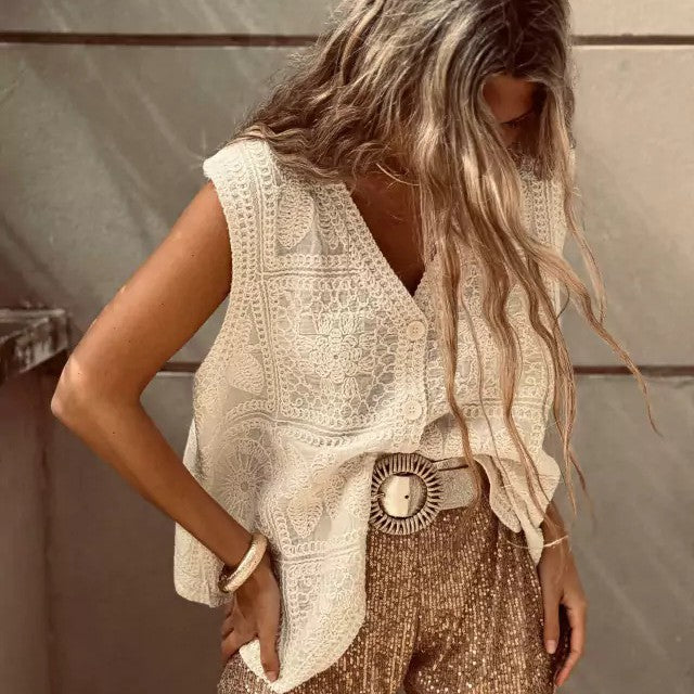 Boho V-neck Vest Lace Embroidered Buckle Cardigan Vest Vacation Top