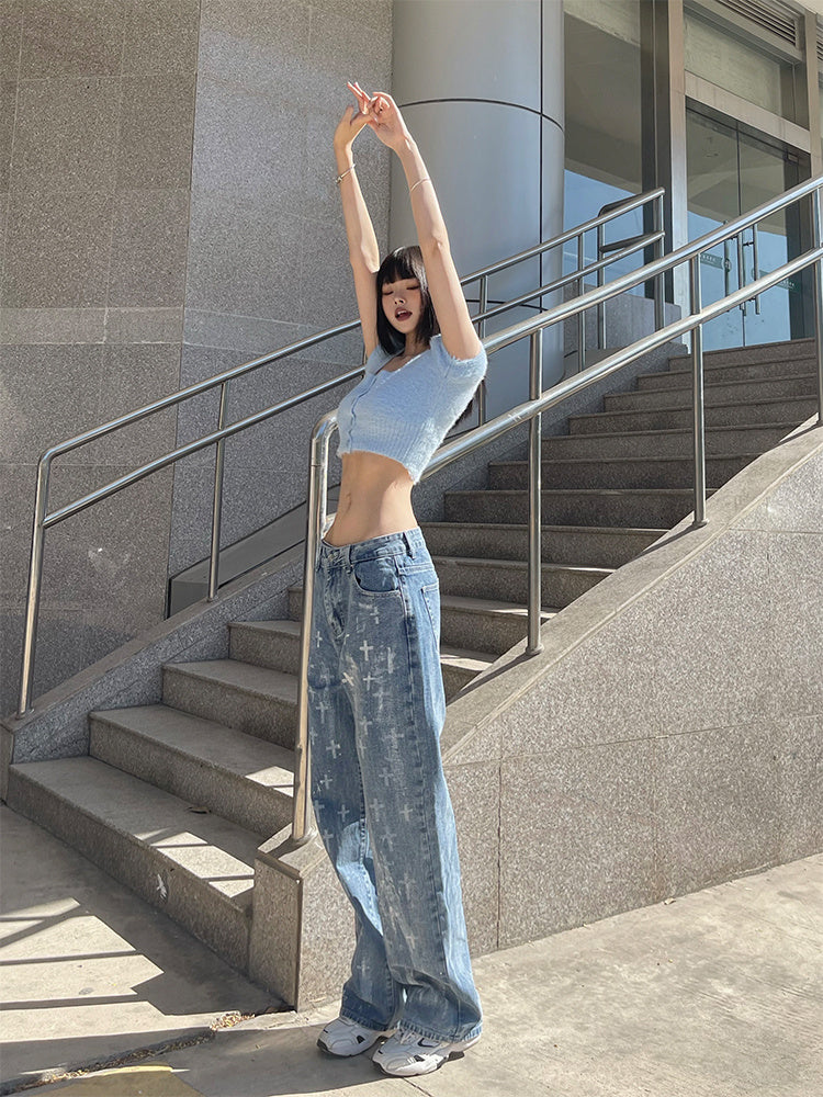 Unisex Cross Print Baggy Jeans – Vintage Washed Streetwear Denim Loose Straight Jeans For Men And Women