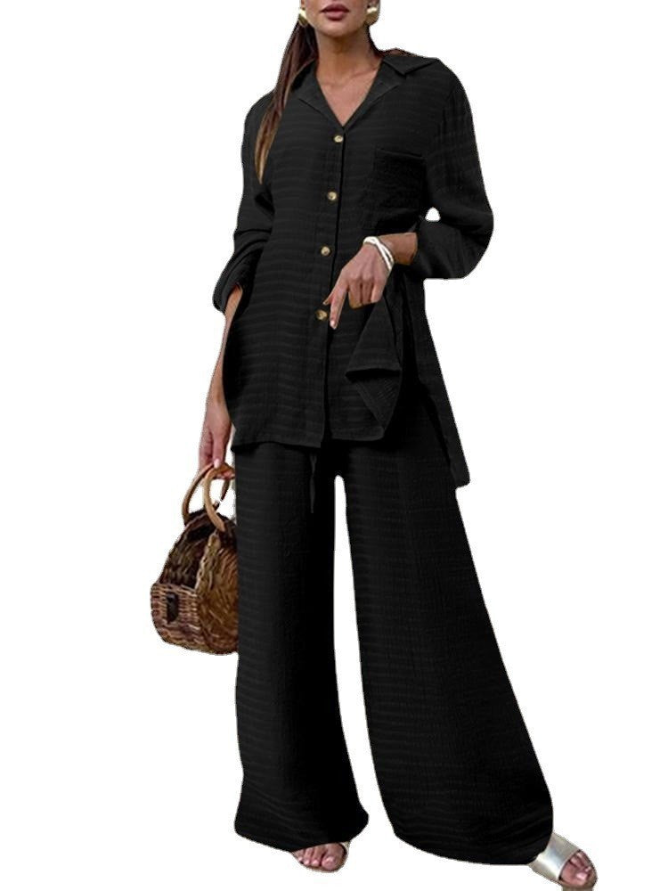Chic Two-Piece Long Sleeve Shirt & Wide Leg Pants Set Fashion Pocket Set Women 2 Pieces Casual