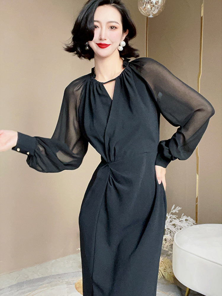 French Waistband Black Chiffon Dress