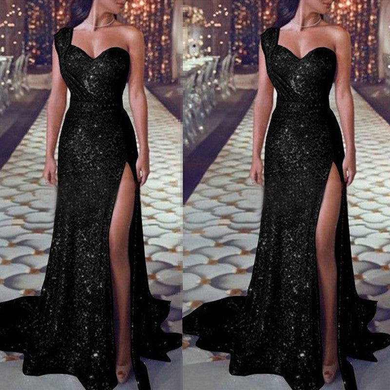 One-shoulder Sleeveless Bronzing Split Dress Women's Clothing