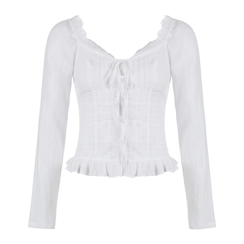 French Pure Desire Style Solid Color Stringy Selvedge Lace-up Long Sleeve