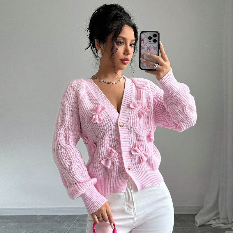 Solid Color Long Sleeve Bowknot Knitwear Cardigan Coat