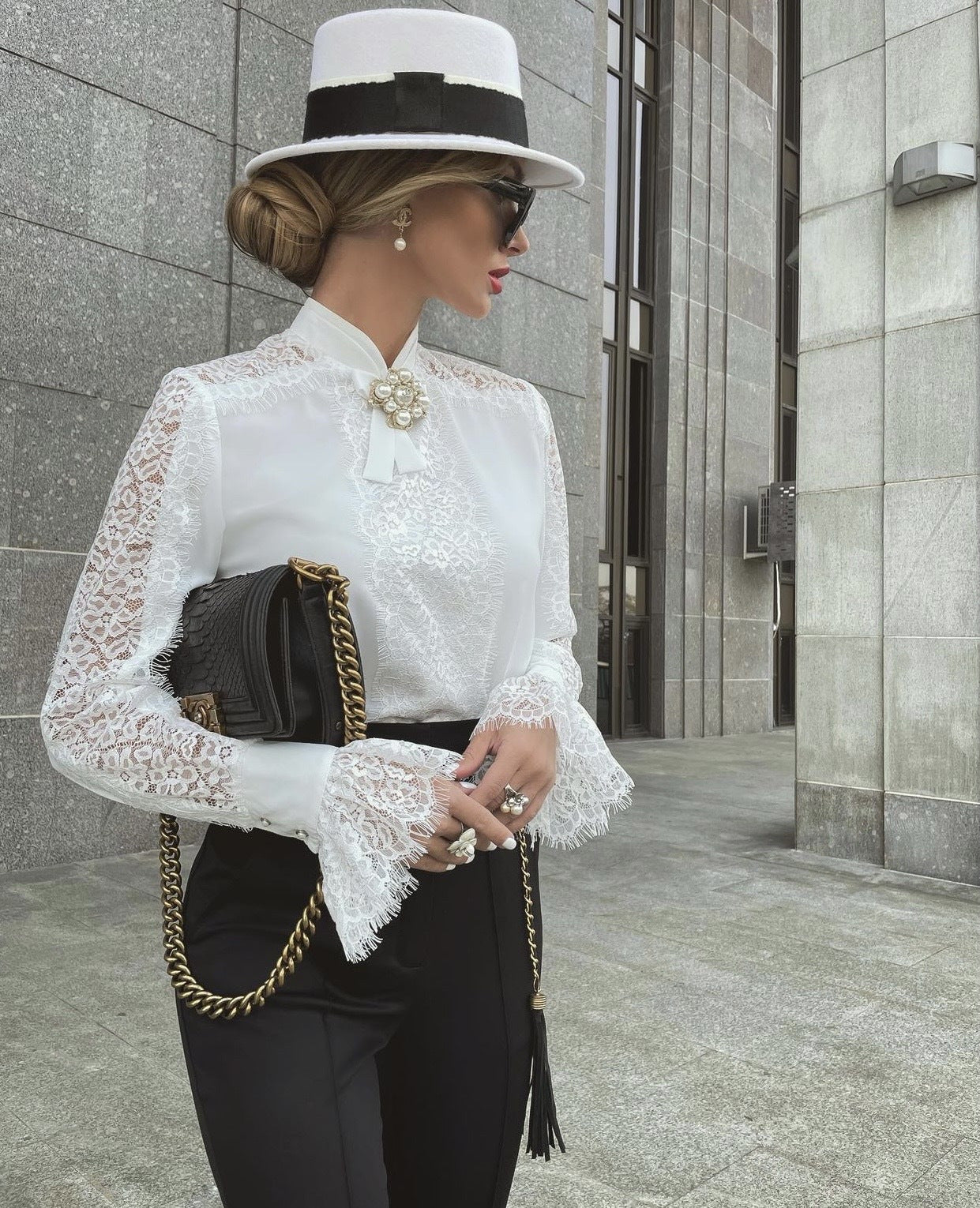 Women's Lace Patchwork Top Solid[; Color Shirt Long Sleeve