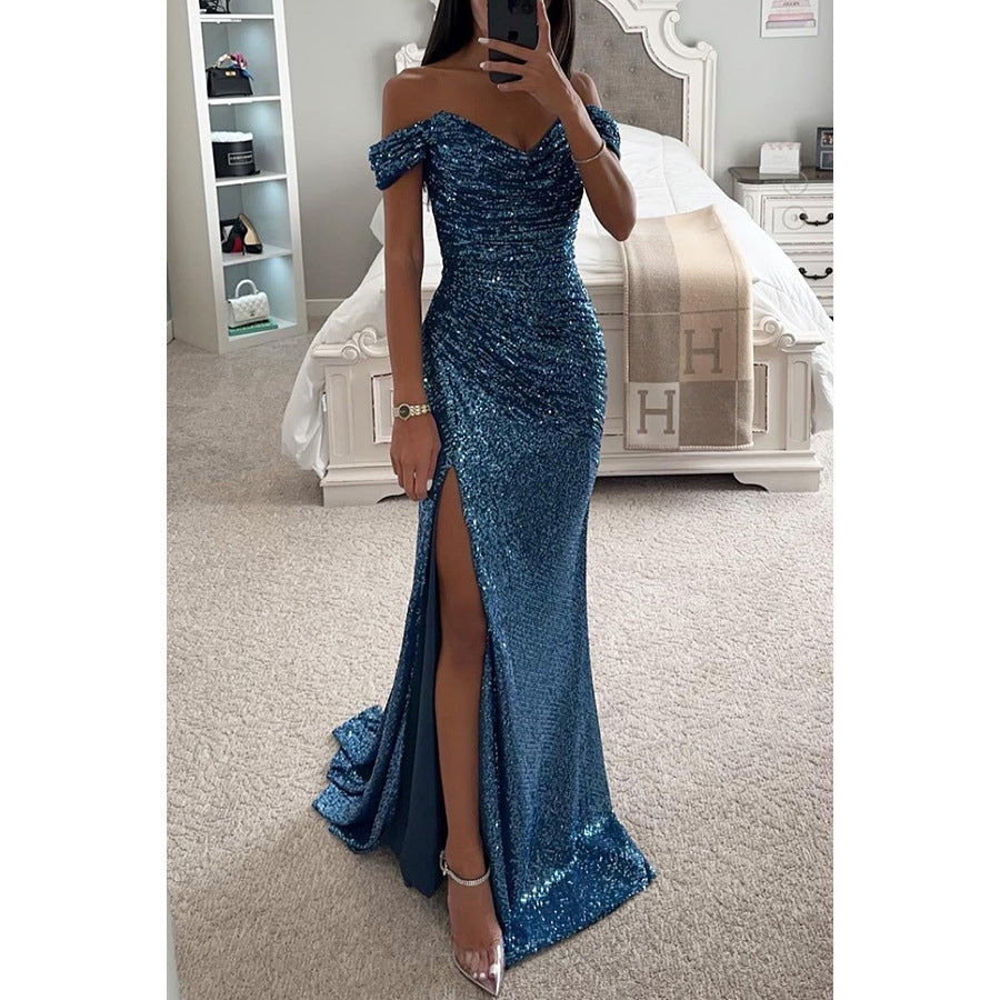 Party Sequins Off-neck Split Dress INS Casual Fashion Dress For Women