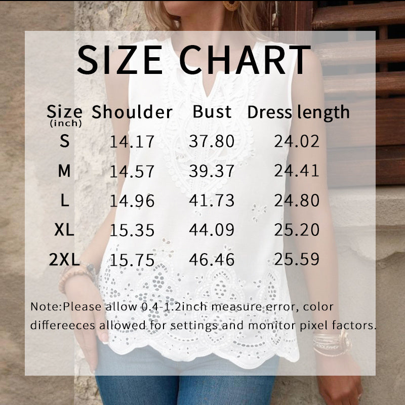 Embroidered Eyelet Tops Notched Neck Sleeveless Lace Trim Blouses Shirts
