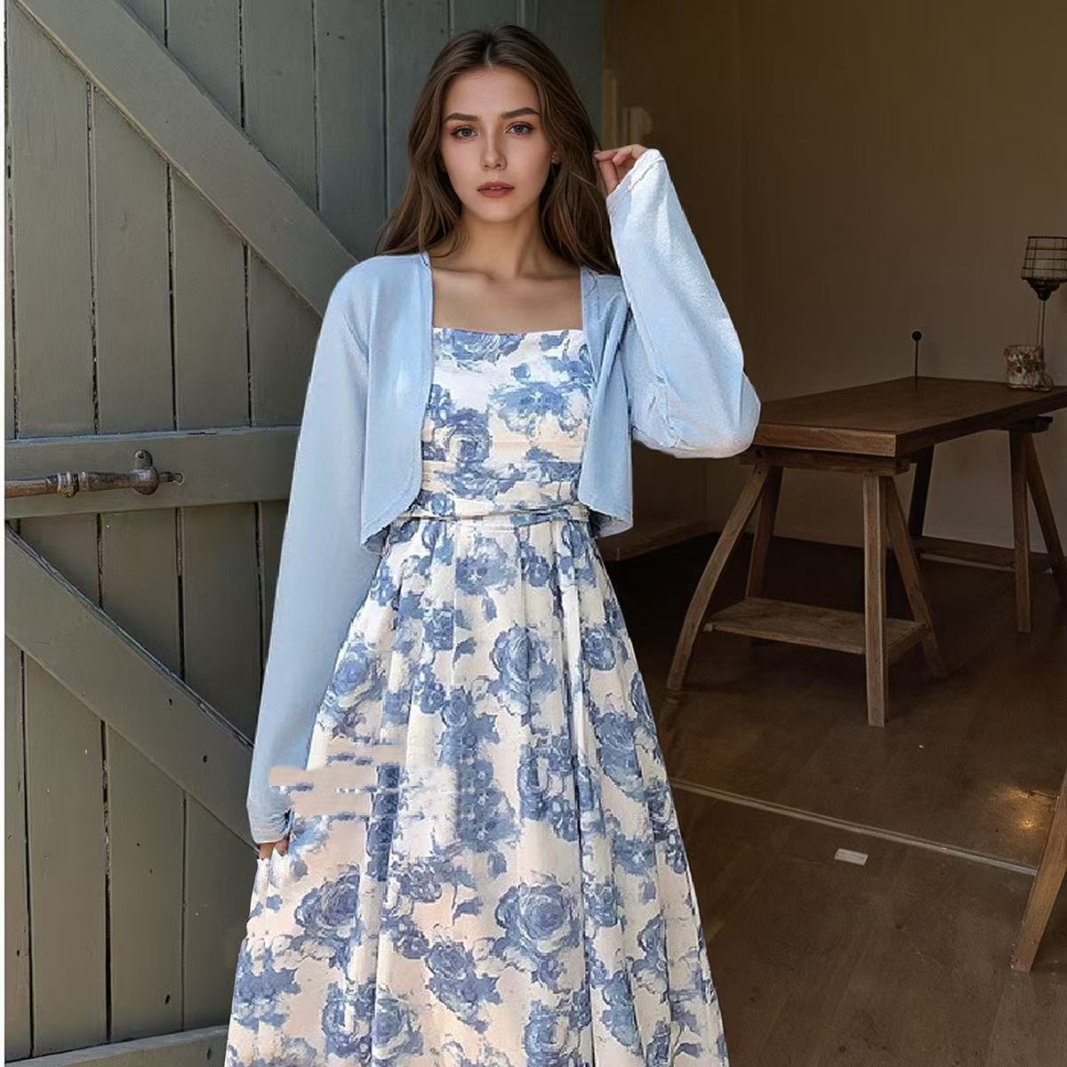 Forest Style Floral Skirt Long Sleeved Cardigan Wool Sweater
