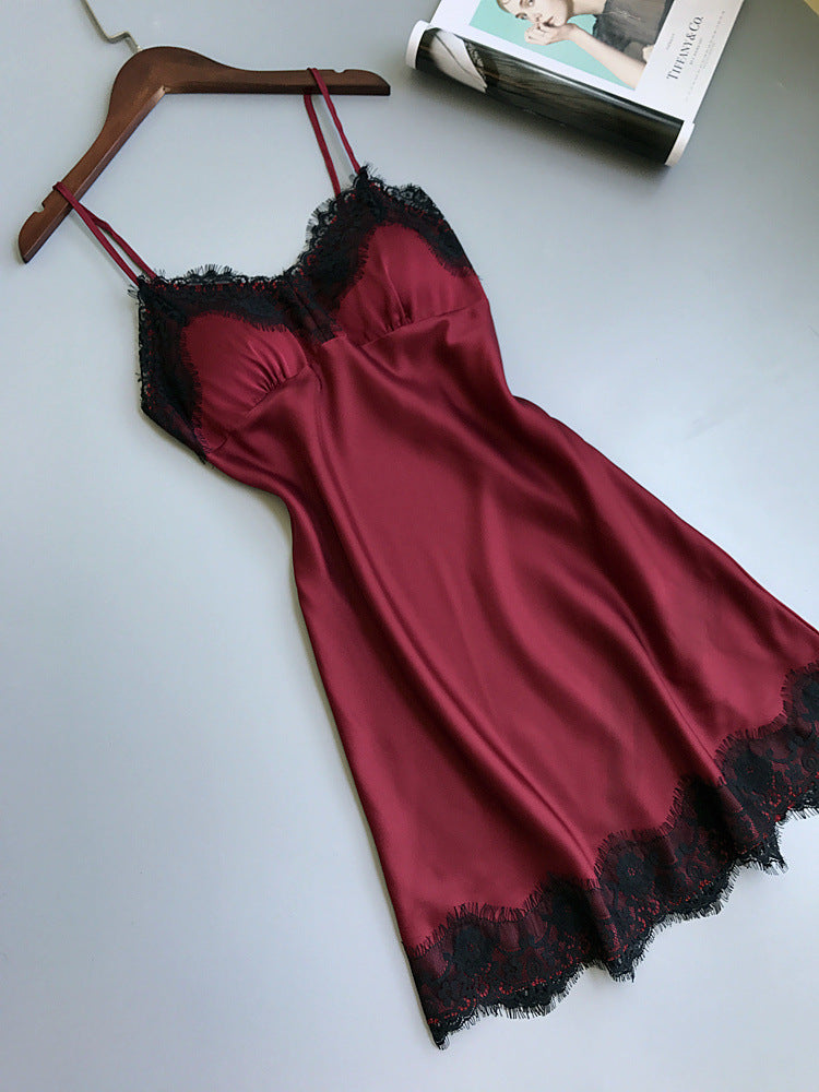 Sexy Satin & Lace Slip Dress Nightgown V-neck Lace Hem Strap Nightdress
