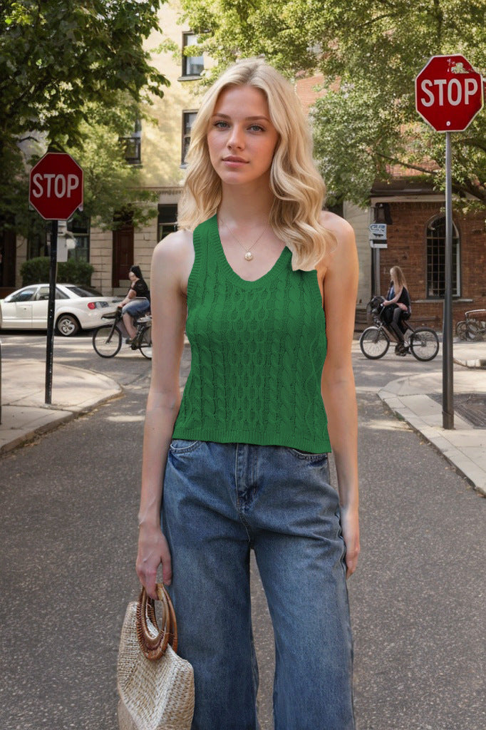 Textured Ribbed Knit V-Neck Tank Top Women's V-neck Tank Vest Fashion Casual Knitted Solid Color Tops