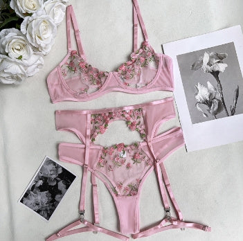 Embroidered Pink Floral Embroidered Lingerie Set with Garter Belt Bra Sexy See-through Women