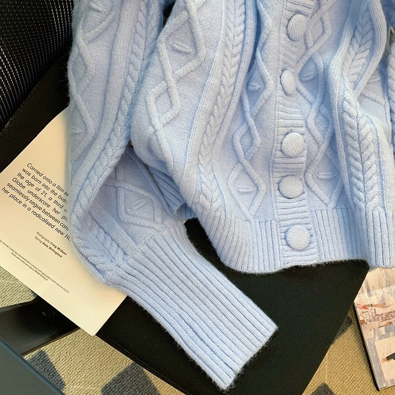 Cozy Cable Knit Cardigan - Light Blue Loose Korean Lazy Wind Gentle Knit Top