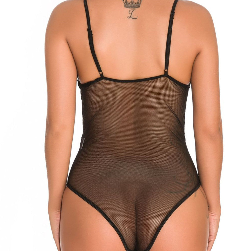 Sexy Black Sheer Lace Long Sleeve Bodysuit Women's Mesh Lace Sling Bodysuit