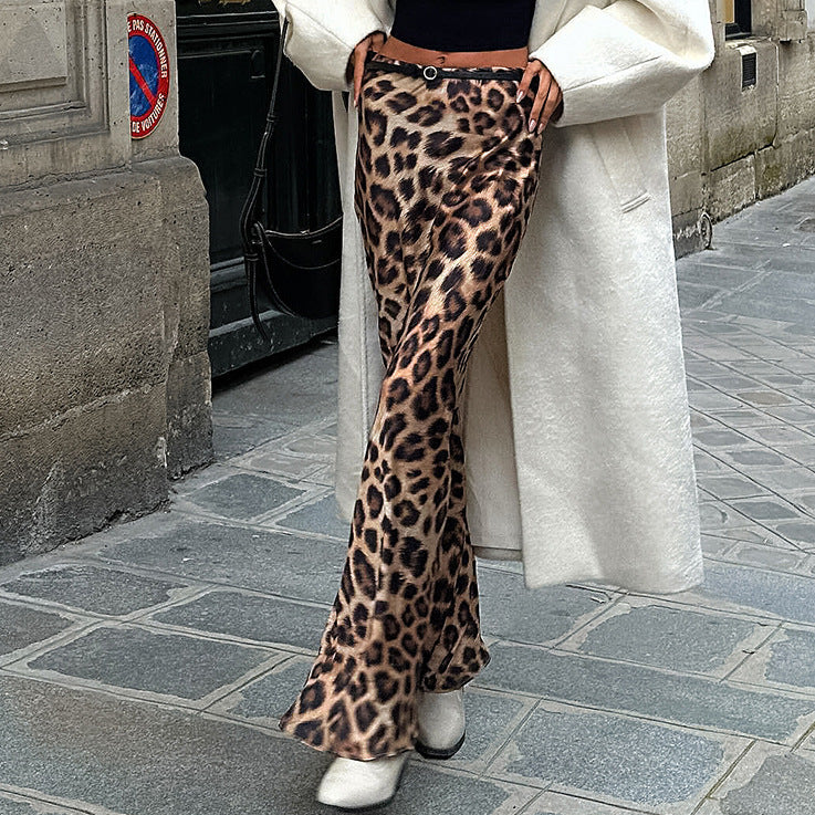 Leopard Print Satin Fishtail Skirt For Women's