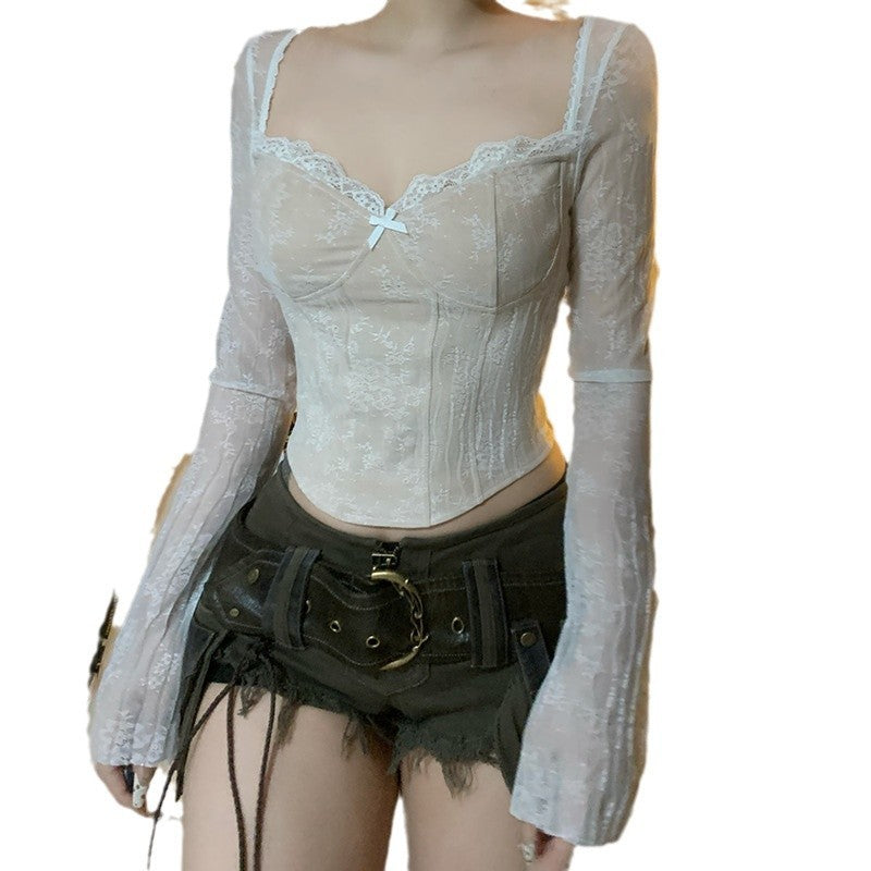 Lace Chest V-neck Lace Slim Fit Patchwork Top