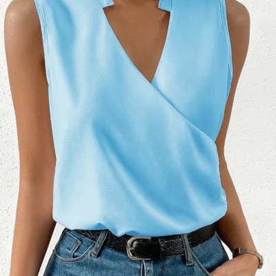 Black V-Neck Sleeveless Blouse Women's Fashion Casual Top Vest