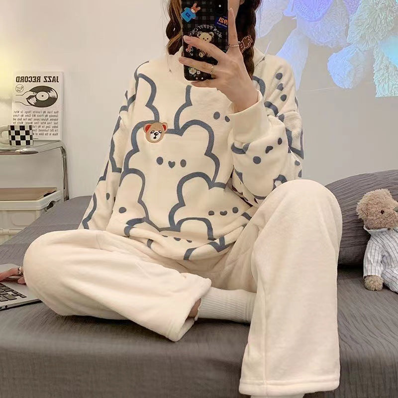Cozy Bear Print Pajama Set - Soft Fleece Loungewear for Women Foreign Flannel Pajamas Suit Women