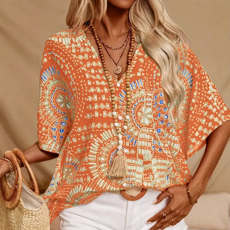 V-Neck Mandala Print Blouse Short Batwing Sleeve Casual Vacation Top