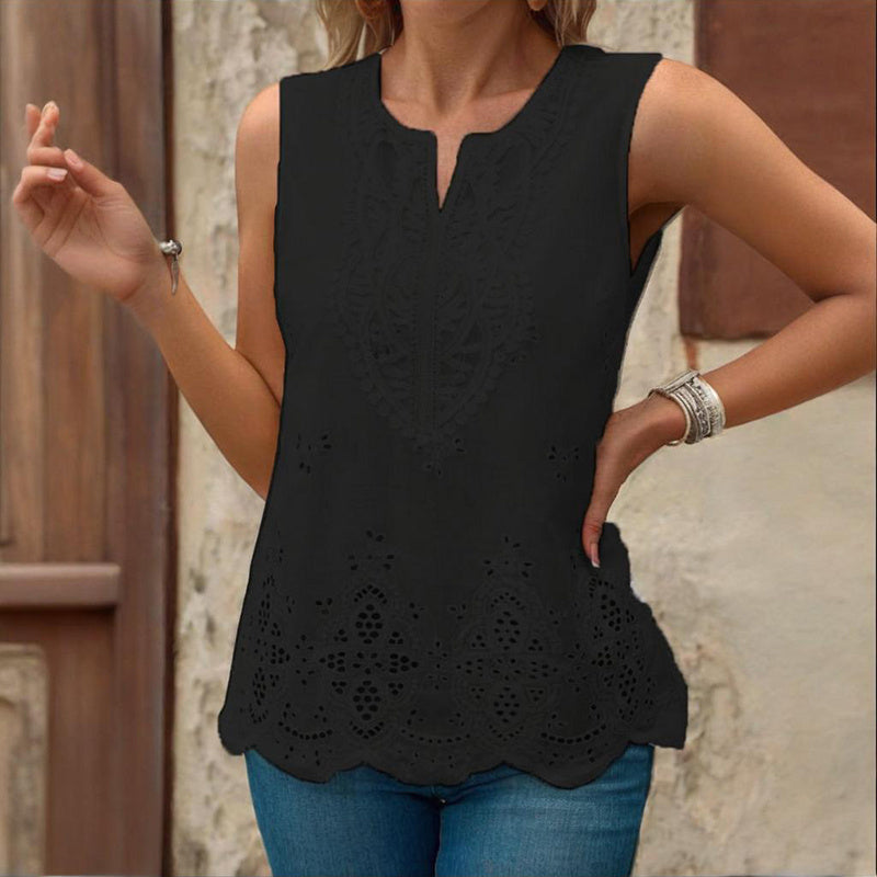 Embroidered Eyelet Tops Notched Neck Sleeveless Lace Trim Blouses Shirts