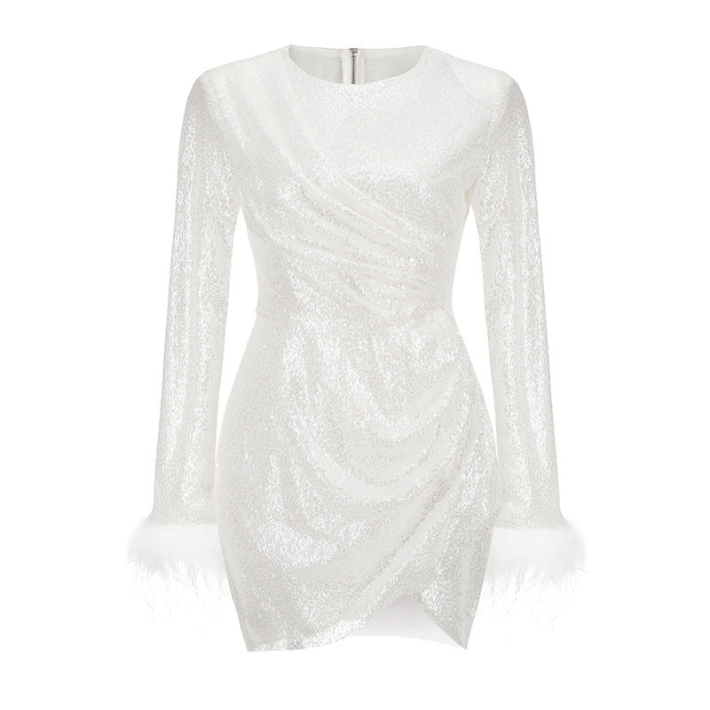 Sequined Cuff Decorative Feather Skirt Slim Fit Irregular Dress Women