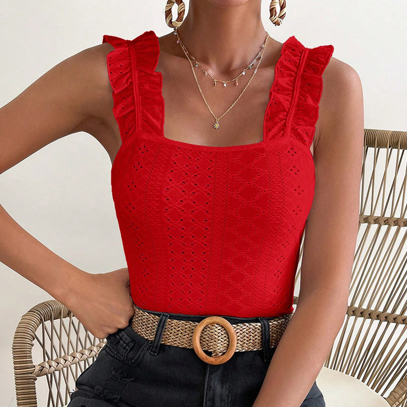 Ruffle Shoulder Square Neck Ribbed Knit Tank Top | Fitted Sleeveless Cami Women's Sleeveless Tank Tops Ruffle Strap Square Neck Eyelet Blouse Slim Fit