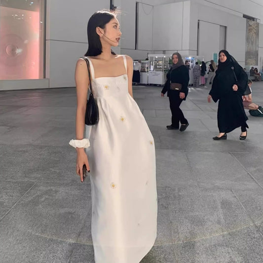 White Dress Women's Printed Slim Fit Square Collar Suspender Dress