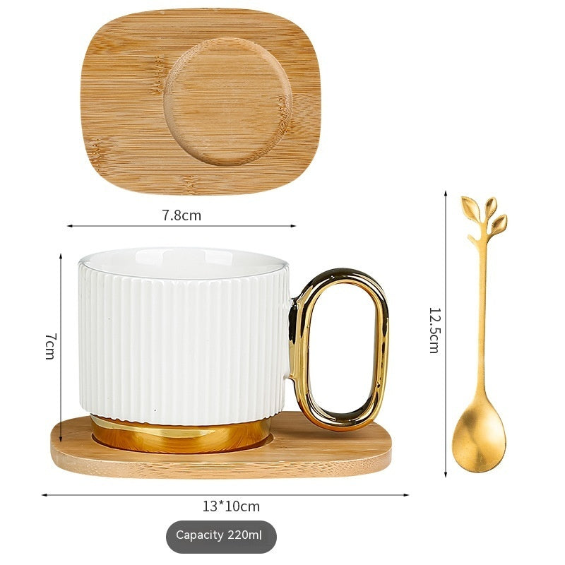 Ribbed Ceramic Coffee Mug with Wooden Saucer & Gold Spoon Set Ceramic Mug Household Afternoon Tea Coffee Cup