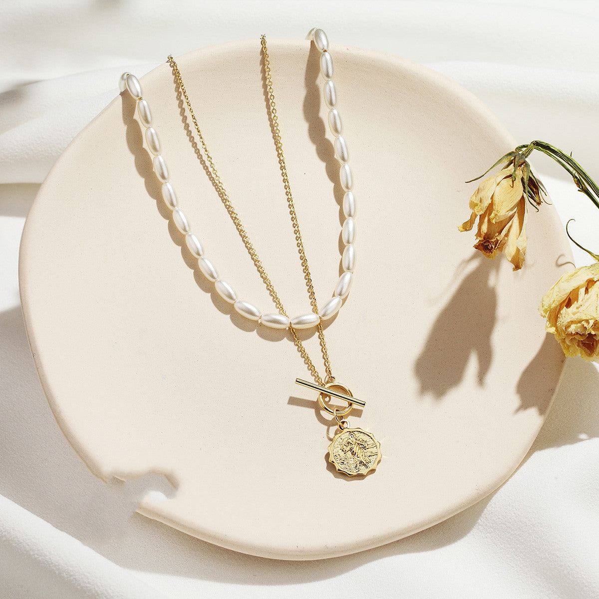 Layered Gold Coin & Pearl Necklace – Vintage Charm Meets Modern Grace Gold French Double Necklace