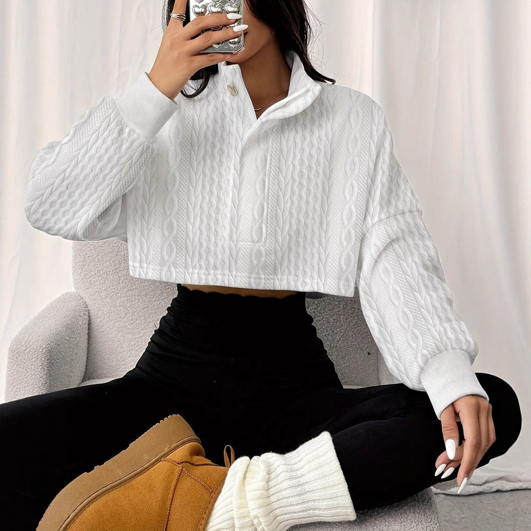Solid Color Stand Up Collar Front Button Long Sleeved Textured Short Hoodie