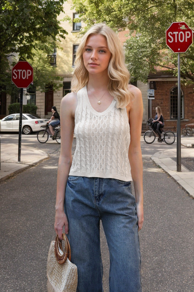 Textured Ribbed Knit V-Neck Tank Top Women's V-neck Tank Vest Fashion Casual Knitted Solid Color Tops