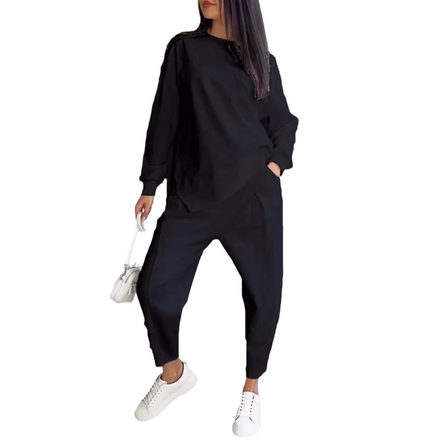 Slouchy Luxe Lounge Set – Crewneck Top + Tapered Joggers Women's Round Neck Loose And Irregular Long-sleeve Sweater Set