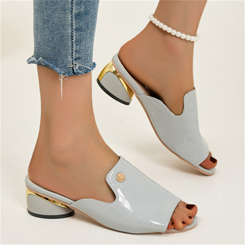 Versatile Summer Heeled Sandals in Multiple Colors & Textures New Chunky Heel Patent Leather Plus Size Temperament Women's Fashion Sandals