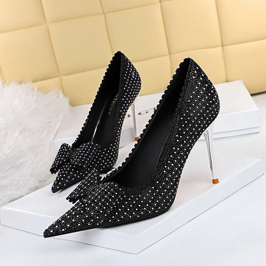 Luxury Crystal Bow Heels – Sparkle in Every Step Princess Wedding Shoes Thin High Heels Shallow Mouth For Women's