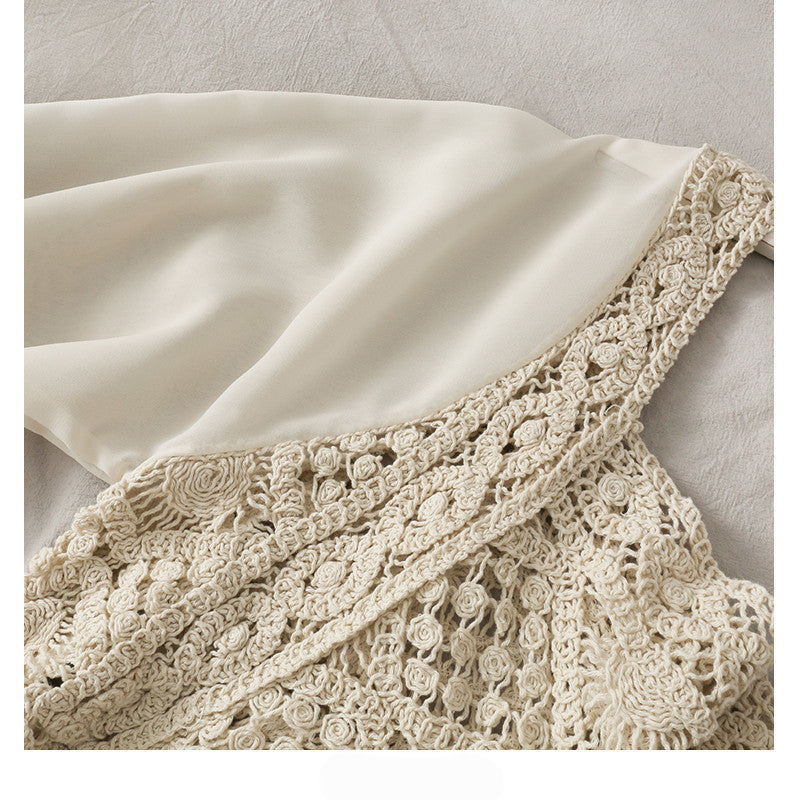 Elegant Crochet Panel Blouse | Sheer Sleeve Square Neck Top Women's Chiffon Panel Puff Long Sleeve Top