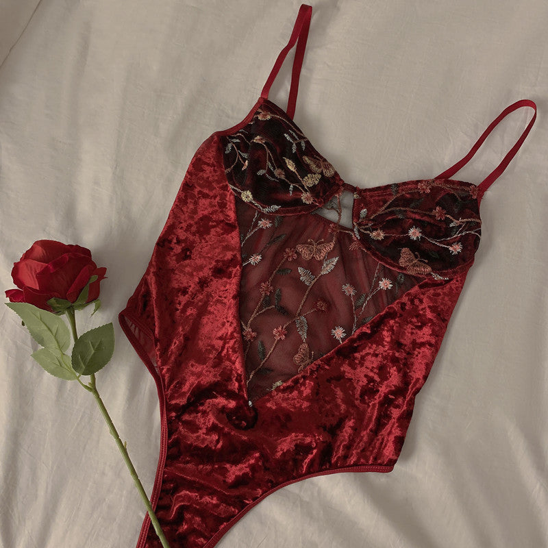 Velvet Burgundy Embroidered Floral One Piece Sling