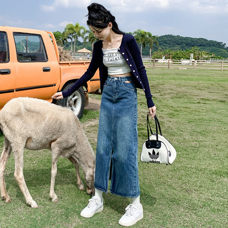 Front Slit High Waist Denim Skirt For Women