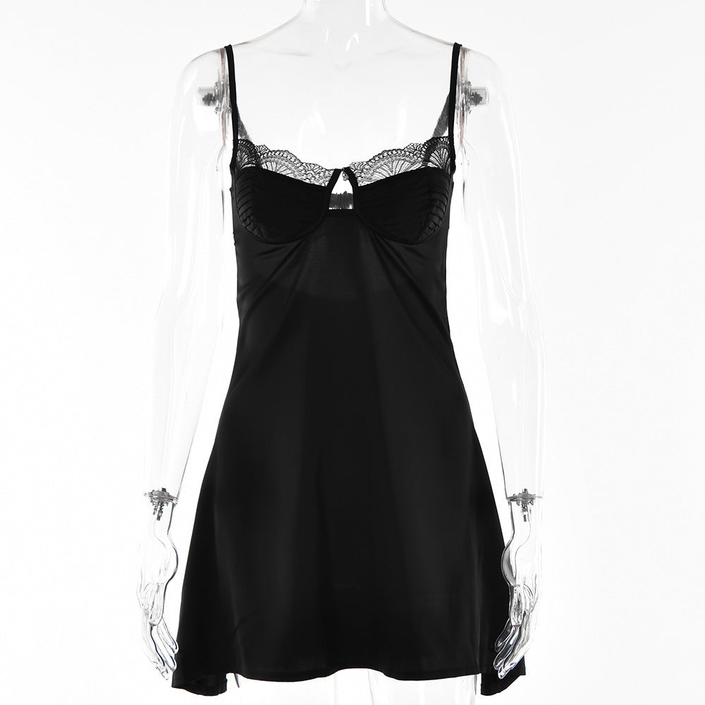 Lace Splicing Sling Short Skirt Lace-up Low-cut Dress