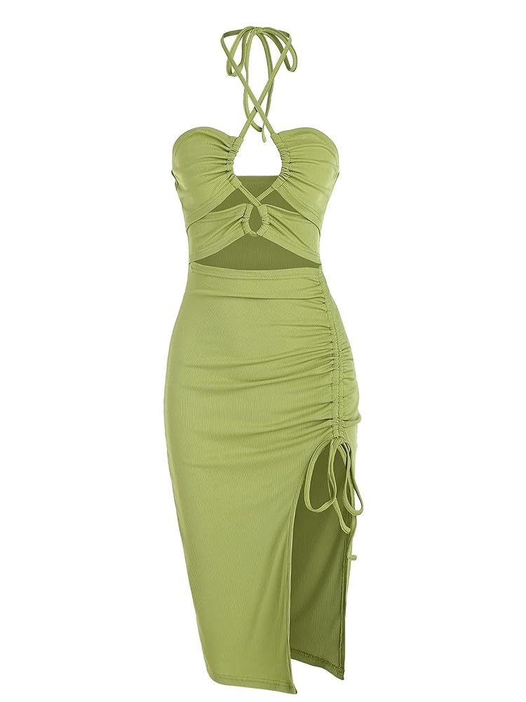 Cut-Out Ruched Bodycon Midi Dress – Sultry & Stylish Partywear Women's Sleeveless Dress Sexy Midi Halter Dresses Criss Cross Cami Women's Dresses Dress For Party